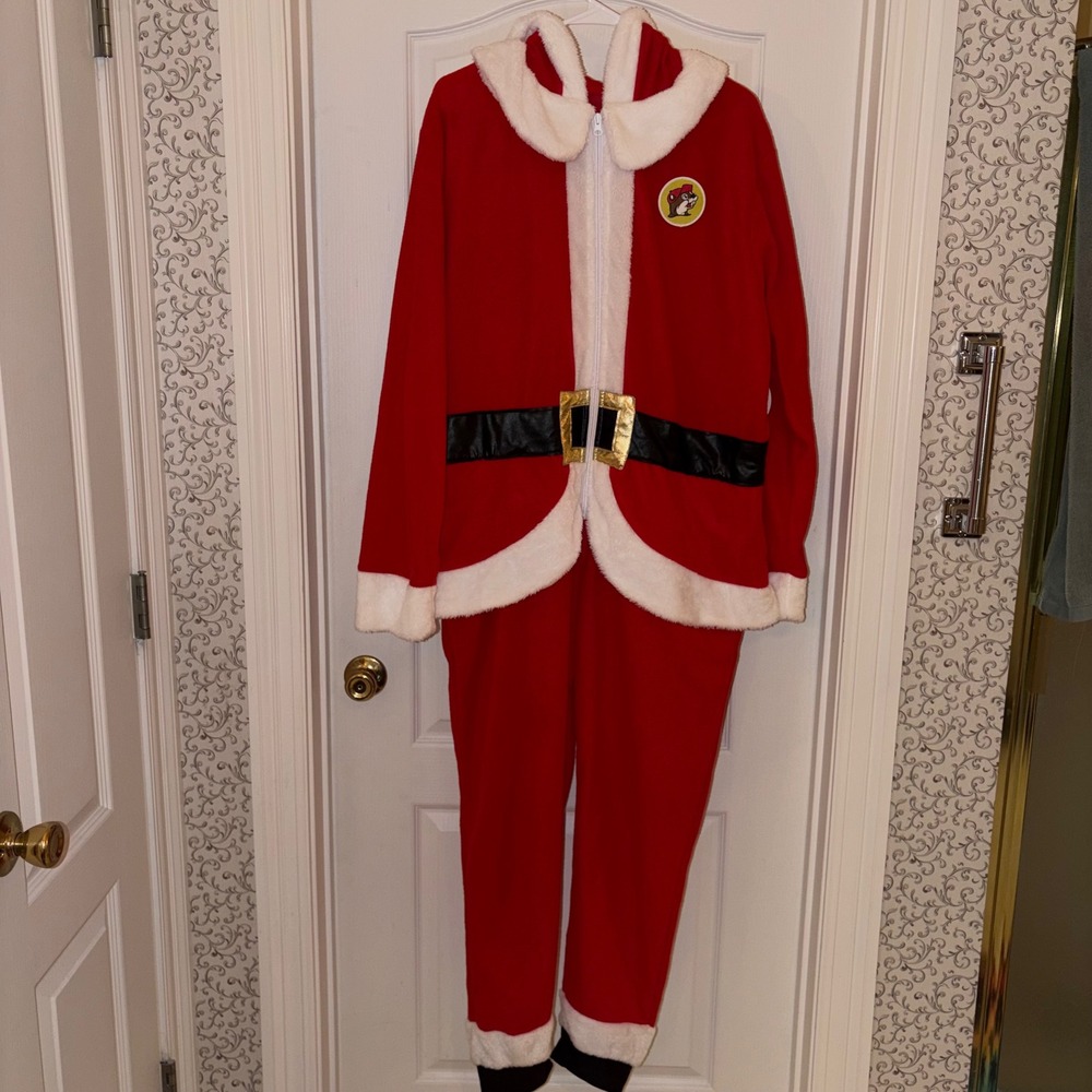 Buc-ees Christmas Santa Union Suit Red Fleece Hooded Pajamas L-XL BUH25A-952